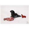 Image 1 : Three soapstone carvings including an artist signed walrus 5" in length, a carved bird and a small r