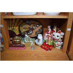 Shelf lot of Oriental collectibles including hand crafted cork crane diorama, two double sided silk 