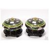 Image 1 : Two matching Oriental lidded bowls with black background, pink peonies and bird motif on black carve