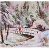 Image 2 : Framed acrylic on paper painting of a wintry bridge scene with skiers, 15" X 16"