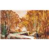 Image 2 : Framed acrylic on paper painting of an autumn bridge scene by artist Mark XU '91, 13" X 20"