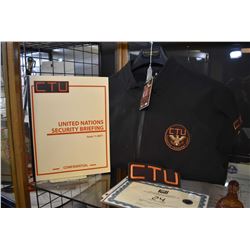 Collection of authentic movie props from the television series 24 including CTU jacket, CTU patch, b