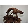 Image 2 : Antique European hand carved bevelled wall mirror with bird motif finial, overall height 46". Note: 