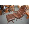 Image 1 : Mid century leather upholstered button tufted swivel reclining chair with ottoman, matches lot 338