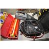 Image 1 : Selection of automotive accessories including safety reflector kit, booster cables, Shark cordless v