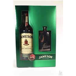 Jameson triple distilled Irish Whisky in 750ml bottle with polished metal flask in presentation box.