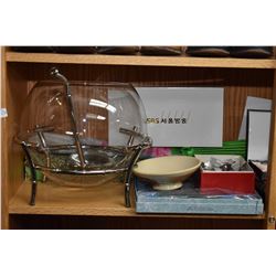 Shelf lot including glass punchbowl, boxed serving spoons and boxed serving forks, gilt center bowl 