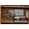 Image 1 : Shelf lot including glass punchbowl, boxed serving spoons and boxed serving forks, gilt center bowl 