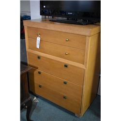 Five drawer 1950's retro oak highboy with brass pulls