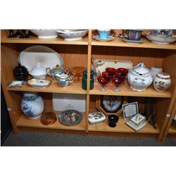 Shelf lot including china and porcelain, ginger jars, tureen, silver overlay double glass cruet, lus