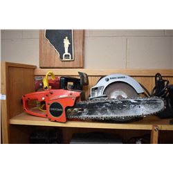 Shelf lot of tools including chain saw, bench grinder, electric stapler etc. all tested and working 