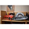 Image 1 : Shelf lot of tools including chain saw, bench grinder, electric stapler etc. all tested and working 