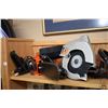 Image 2 : Shelf lot of power tools including bench grinder, electric chainsaw, circular saw, angle grinders et