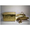 Image 1 : Brass bass relief lidded coal box and a 8" brass fish plus a brass log holder