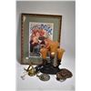 Image 1 : Selection of collectibles including three branch cast table lamp with fluted glass shades, cast door
