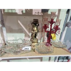 ASSORTED CRYSTAL WARE, GOLD TONE FIGURE, & RED GLASS CANDLE STICK