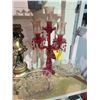 Image 3 : ASSORTED CRYSTAL WARE, GOLD TONE FIGURE, & RED GLASS CANDLE STICK