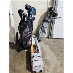 ASSORTED GOLF BAGS, CLUBS, & TENT