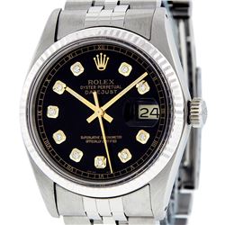 Rolex Mens Stainless Steel 36MM Black Diamond Datejust Wristwatch