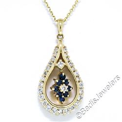 14kt Yellow Gold 1.22 ctw Diamond and Sapphire Tear Drop Dangle Pendant Necklace