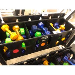 TOP 3 BINS OF ASSORTED WEIGHT/COLOUR DUMBELLS, RACK NOT INCLUDED