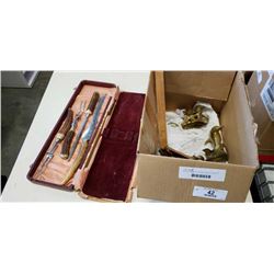 BRASS BIRDS AND BONE HANDLE CARVING SET