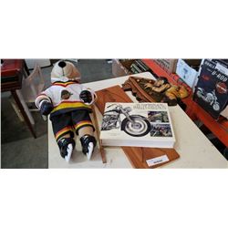 CHALKWARE BILLIARDS FIGURE, TEAK BOARD, HARLEY DAVIDSON HARDCOVER BOOK AND CANUCKS BEAR