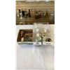 Image 1 : 2 TRAYS OF VINTGE ITEMS AND CHINA, BRASS LIGHTER, ENRAVED LIGHTER, ROYAL STAFFORDSHIRE, ETC