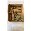 Image 2 : 2 TRAYS OF VINTGE ITEMS AND CHINA, BRASS LIGHTER, ENRAVED LIGHTER, ROYAL STAFFORDSHIRE, ETC