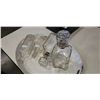 Image 2 : TRAY OF VINTAGE GLASS DECANTERS, BOTTLES AND DEER HEAD DECOR