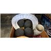 Image 2 : ART GLASS AND POTTERY VASES, METAL DISH, WOOD HEADS, CERAMIC CHICKENS, ESTATE GOODS