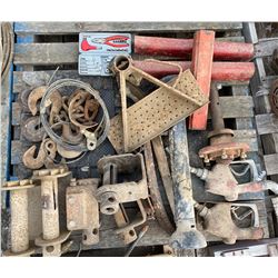 SKID LOT W/ STRAP RATCHETS, FUEL NOZZLES, HOOKS, ETC.