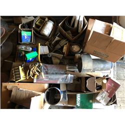 SKID LOT OF MISC IMPLEMENT PARTS, HARDWARE, NEW HEAVY BEARINGS, ETC