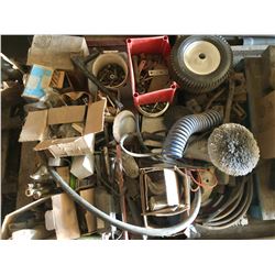 SKID LOT W/ QTY OF PARTS, HARDWARE, CULTIVATOR SHANKS