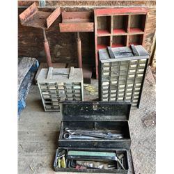 JOB LOT OF METAL STANDS, BOLT BIN, TOOLS