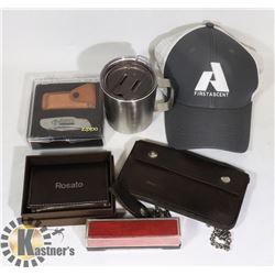 FLAT OF EDDIE BAUER HAT,ZIPPO POCKET KNIFE, LEATHER