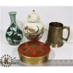 LOT OF 4 CERAMIC VASES AND BRASS WARE