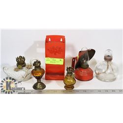 MINI ANTIQUE LAMPS AND A MATCHBOX HOLDER