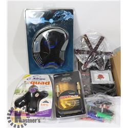 FLAT OF NEW ITEMS AND BAG OF LIGHTERS