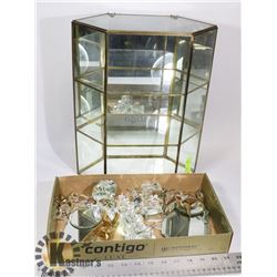 SMALL GLASS DISPLAY CASE & GLASS FIGURINES