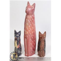 3 PC SOAP STONE HAND CARVED CAT FIGURINES