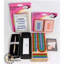 BAG OF ASSORTED PLAYING CARDS, CRIB BOARD &