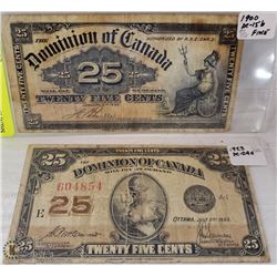 LOT OF TWO 1900 AND 1923 SHINPLASTER 25 CENT NOTES