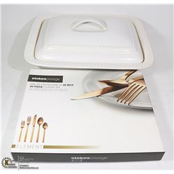 COVERED OBLONG BAKING DISH & 20 PC NEW CUTLERY