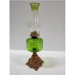 ANTIQUE COAL OIL LAMP WITH CAST IRON BASE 19" TALL