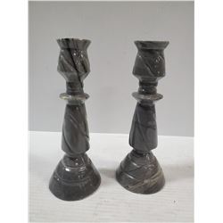 PAIR OF STONE CANDLE HOLDERS 9" TALL