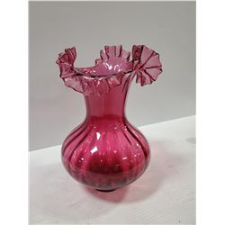 DECORATIVE RIBBON TOP ROSE GLASS VASE 11" TALL