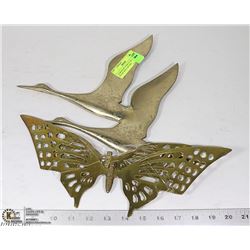 3 BRASS BUTTERFLY'S & GEESE WALL DECOR