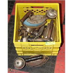 CRATE OF ANTIQUE IRONS AND MORE