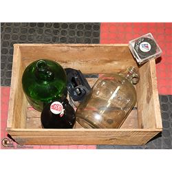 CRATE WITH COLLECTOR GLASS JUGS